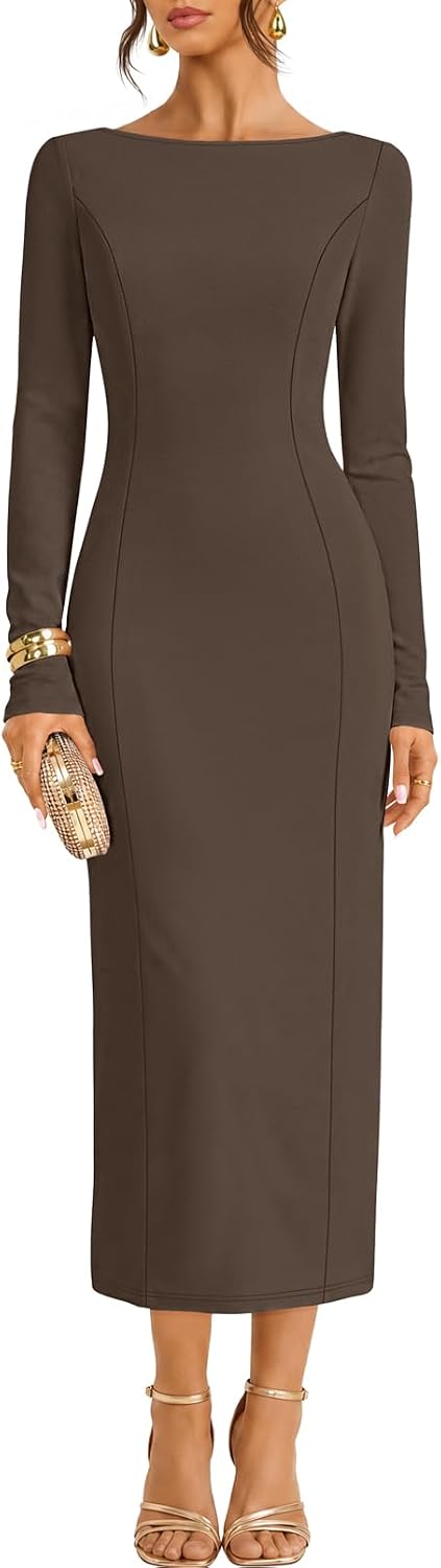 MEROKEETY Womens Fall 2026 Long Sleeve Wedding Guest Formal Maxi Dress | Modest Work Business Casual Church, Dressy Elegant Cocktail Party Long Dress, Boat Neck, Bodycon, Slim Fit, Trendy Fashion
