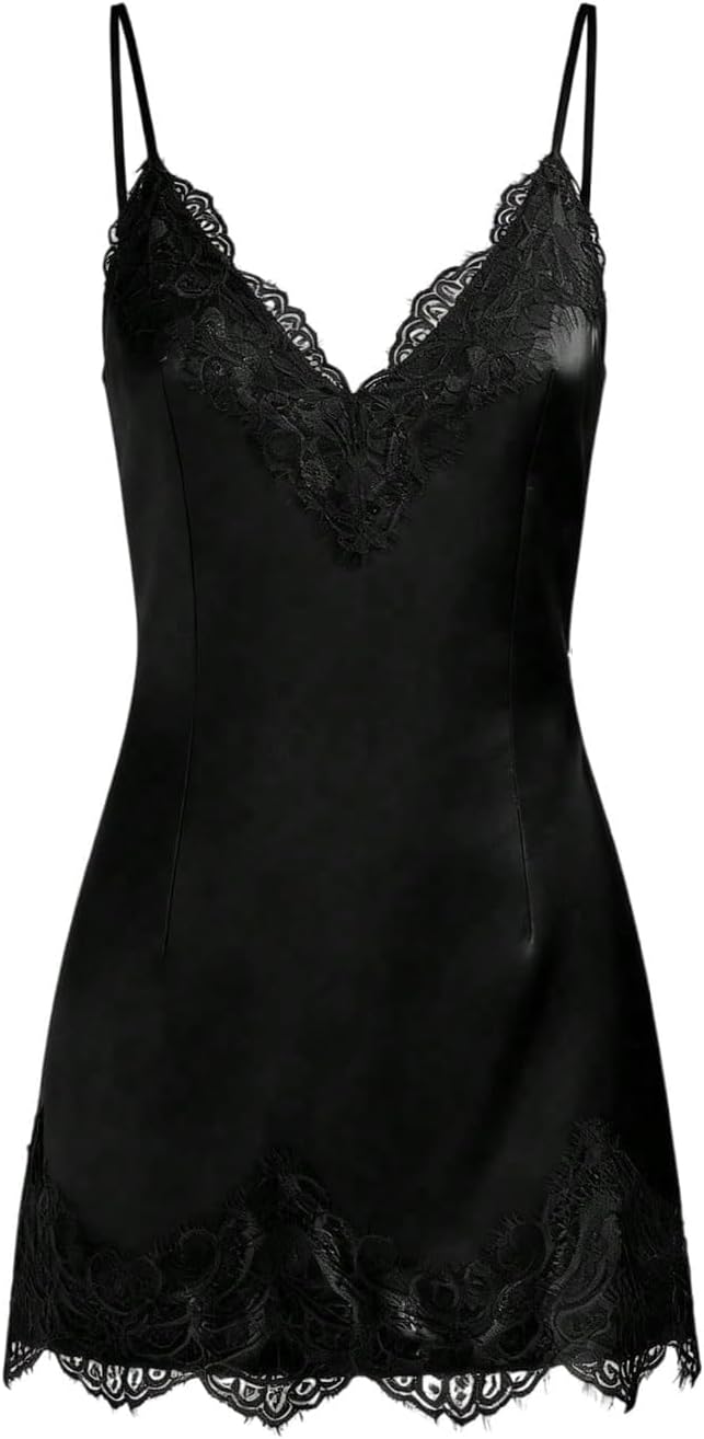RoseSeek Women's Satin Lace Dress Mini Going Out Elegant Lounge Night Dress | Spaghetti Strap, Silk Dress, Satin Dress, Slip Dress, Night Out Outfits, Y2k, Formal, Wedding Guest Dress