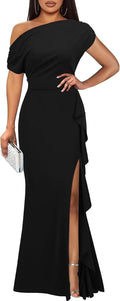 WOOSEA Women's Elegant Sleeveless Off Shoulder Sexy Ruffle Split Style Evening Formal Party Maxi Dress