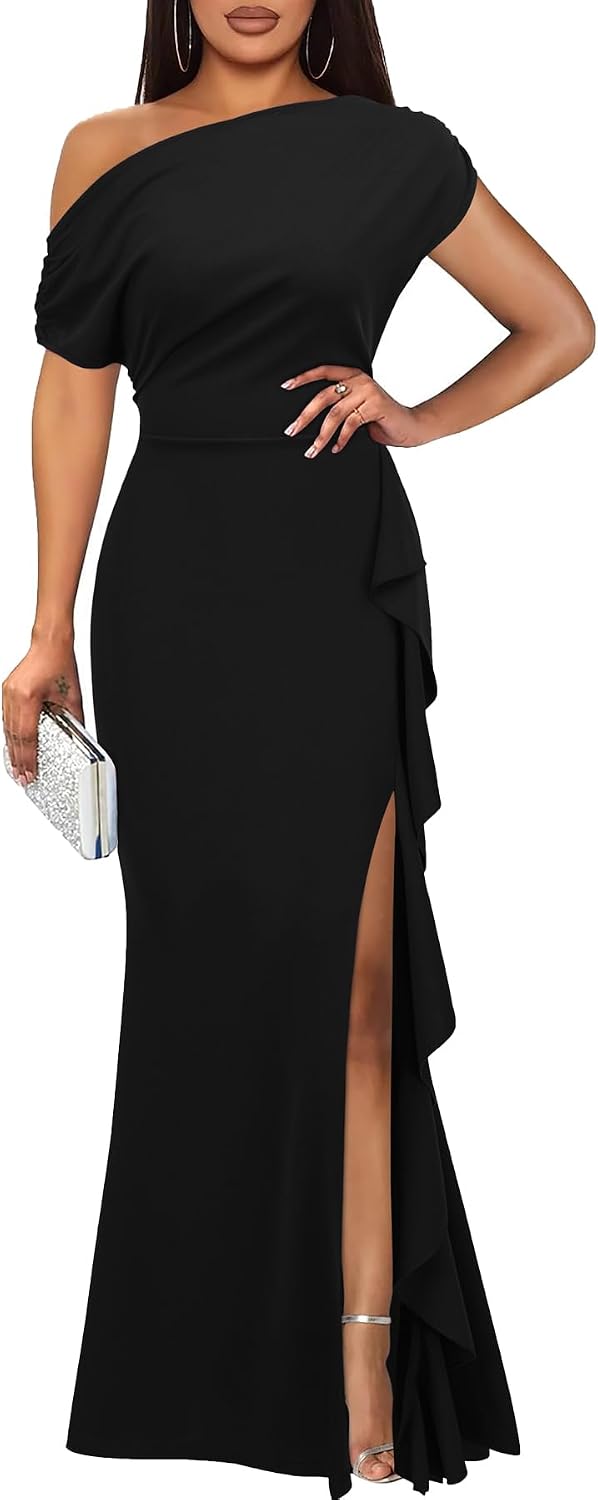 WOOSEA Women's Elegant Sleeveless Off Shoulder Sexy Ruffle Split Style Evening Formal Party Maxi Dress