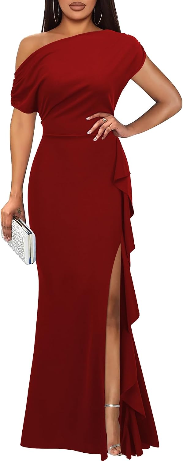 WOOSEA Women's Elegant Sleeveless Off Shoulder Sexy Ruffle Split Style Evening Formal Party Maxi Dress