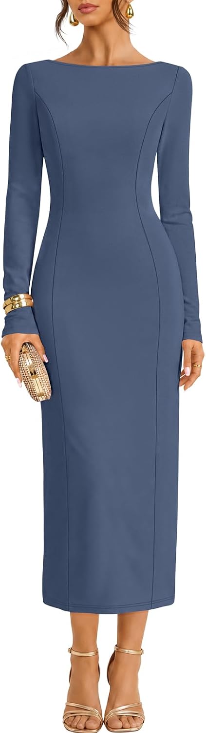 MEROKEETY Womens Fall 2026 Long Sleeve Wedding Guest Formal Maxi Dress | Modest Work Business Casual Church, Dressy Elegant Cocktail Party Long Dress, Boat Neck, Bodycon, Slim Fit, Trendy Fashion