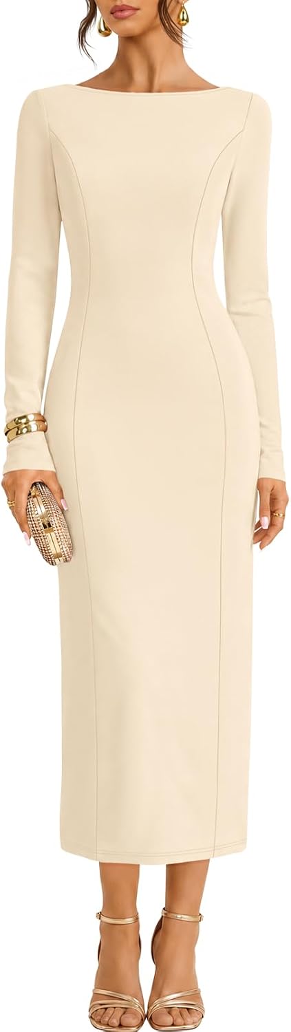 MEROKEETY Womens Fall 2026 Long Sleeve Wedding Guest Formal Maxi Dress | Modest Work Business Casual Church, Dressy Elegant Cocktail Party Long Dress, Boat Neck, Bodycon, Slim Fit, Trendy Fashion
