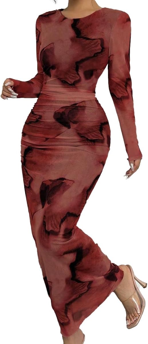 Narecte Fall Dresses for Women Long Sleeve Bodycon Mesh Maxi Dress | Tie Dye Printed Sheer Mesh Long Dress with Crew Neck, Casual Elegant Ruched Bodycon Formal Party Cocktail Dress