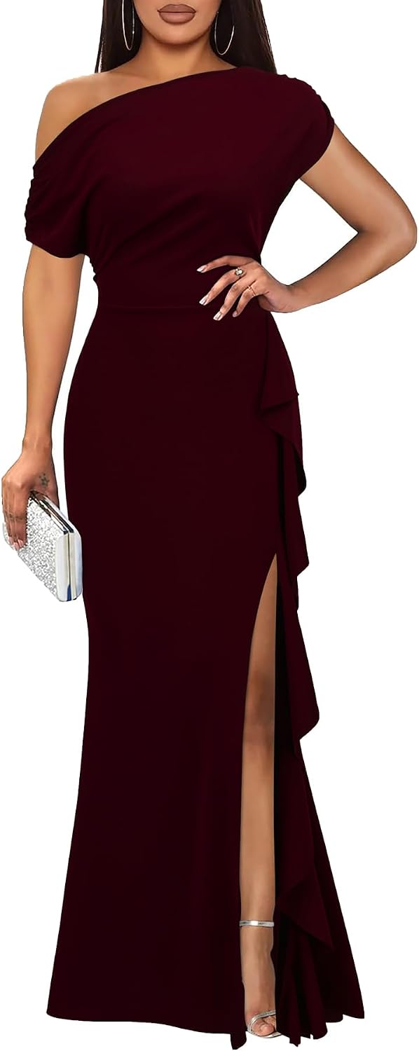 WOOSEA Women's Elegant Sleeveless Off Shoulder Sexy Ruffle Split Style Evening Formal Party Maxi Dress