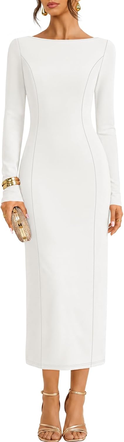 MEROKEETY Womens Fall 2026 Long Sleeve Wedding Guest Formal Maxi Dress | Modest Work Business Casual Church, Dressy Elegant Cocktail Party Long Dress, Boat Neck, Bodycon, Slim Fit, Trendy Fashion
