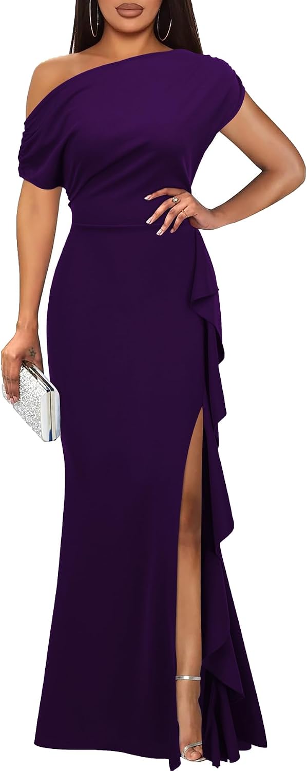 WOOSEA Women's Elegant Sleeveless Off Shoulder Sexy Ruffle Split Style Evening Formal Party Maxi Dress