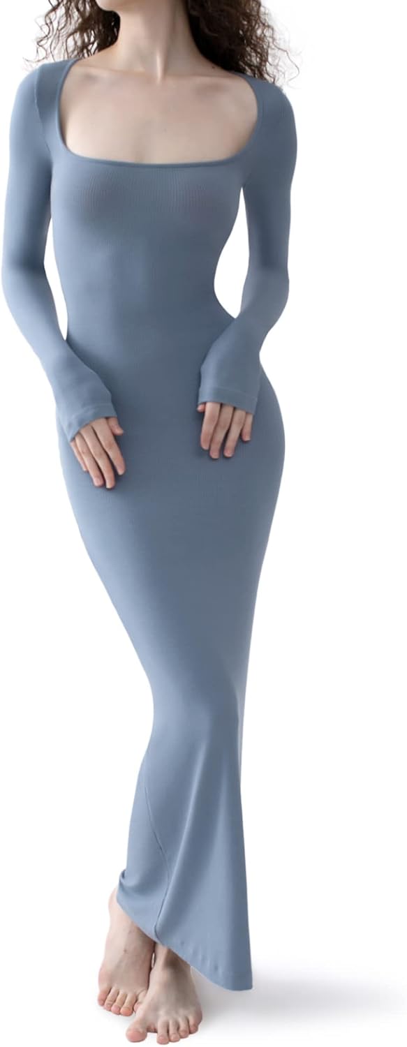 PUMIEY Women's Square Neck Long Sleeve Maxi Dress Ribbed Bodycon Dresses for Women Soft Lounge Dress