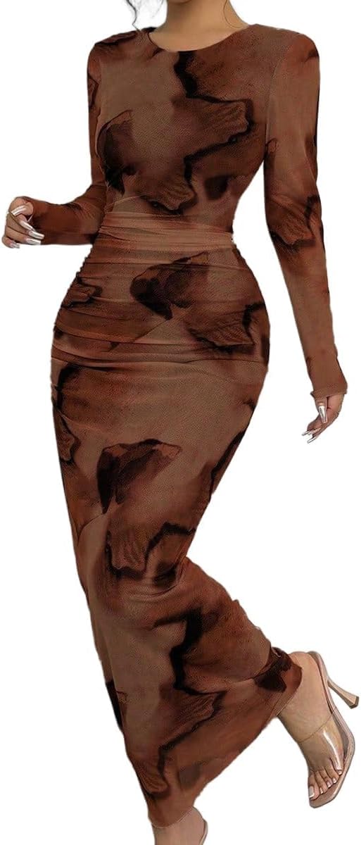 Narecte Fall Dresses for Women Long Sleeve Bodycon Mesh Maxi Dress | Tie Dye Printed Sheer Mesh Long Dress with Crew Neck, Casual Elegant Ruched Bodycon Formal Party Cocktail Dress