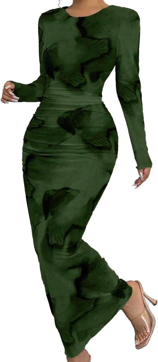 Narecte Fall Dresses for Women Long Sleeve Bodycon Mesh Maxi Dress | Tie Dye Printed Sheer Mesh Long Dress with Crew Neck, Casual Elegant Ruched Bodycon Formal Party Cocktail Dress