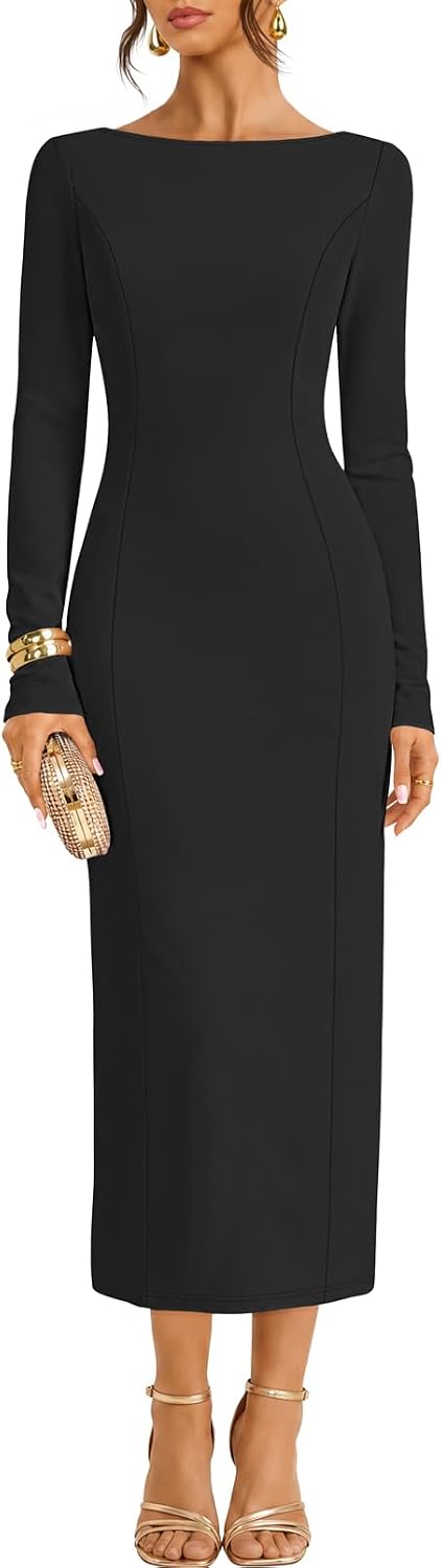 MEROKEETY Womens Fall 2026 Long Sleeve Wedding Guest Formal Maxi Dress | Modest Work Business Casual Church, Dressy Elegant Cocktail Party Long Dress, Boat Neck, Bodycon, Slim Fit, Trendy Fashion