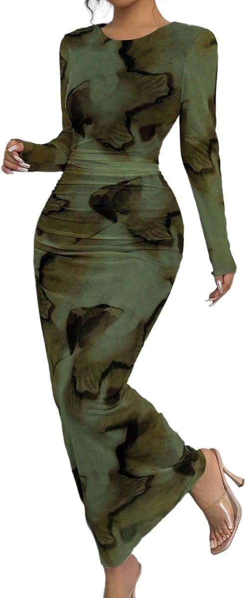 Narecte Fall Dresses for Women Long Sleeve Bodycon Mesh Maxi Dress | Tie Dye Printed Sheer Mesh Long Dress with Crew Neck, Casual Elegant Ruched Bodycon Formal Party Cocktail Dress