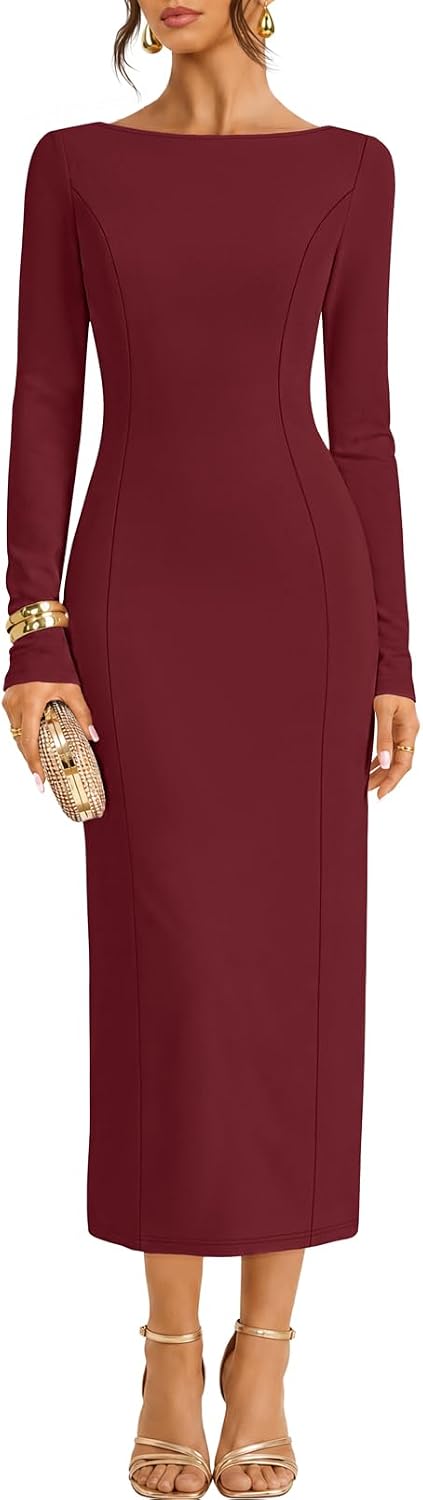 MEROKEETY Womens Fall 2026 Long Sleeve Wedding Guest Formal Maxi Dress | Modest Work Business Casual Church, Dressy Elegant Cocktail Party Long Dress, Boat Neck, Bodycon, Slim Fit, Trendy Fashion