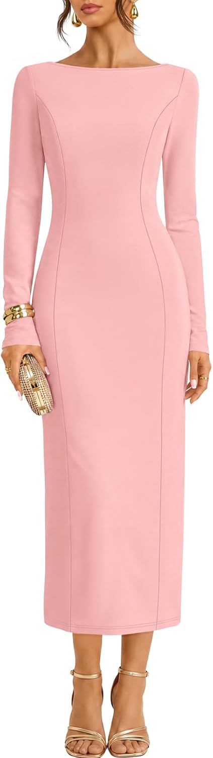 MEROKEETY Womens Fall 2026 Long Sleeve Wedding Guest Formal Maxi Dress | Modest Work Business Casual Church, Dressy Elegant Cocktail Party Long Dress, Boat Neck, Bodycon, Slim Fit, Trendy Fashion