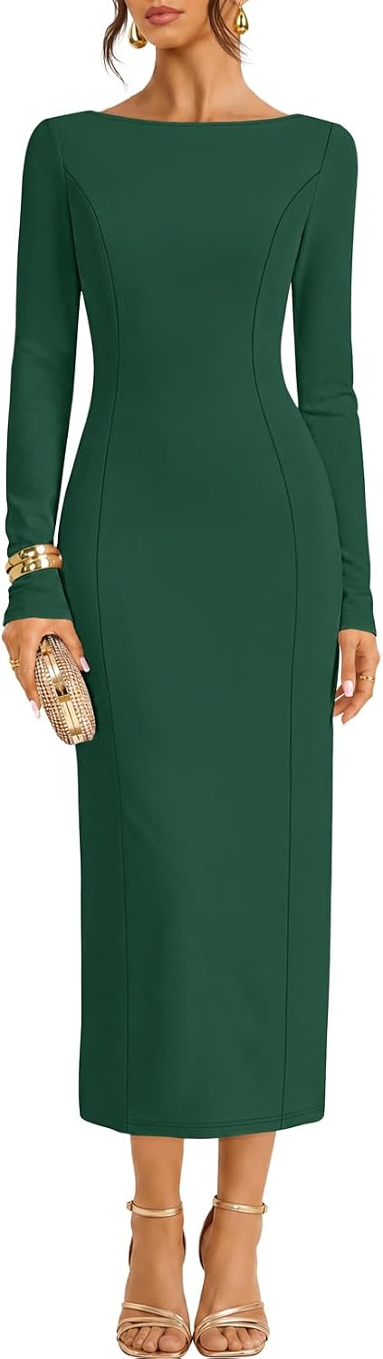 MEROKEETY Womens Fall 2026 Long Sleeve Wedding Guest Formal Maxi Dress | Modest Work Business Casual Church, Dressy Elegant Cocktail Party Long Dress, Boat Neck, Bodycon, Slim Fit, Trendy Fashion