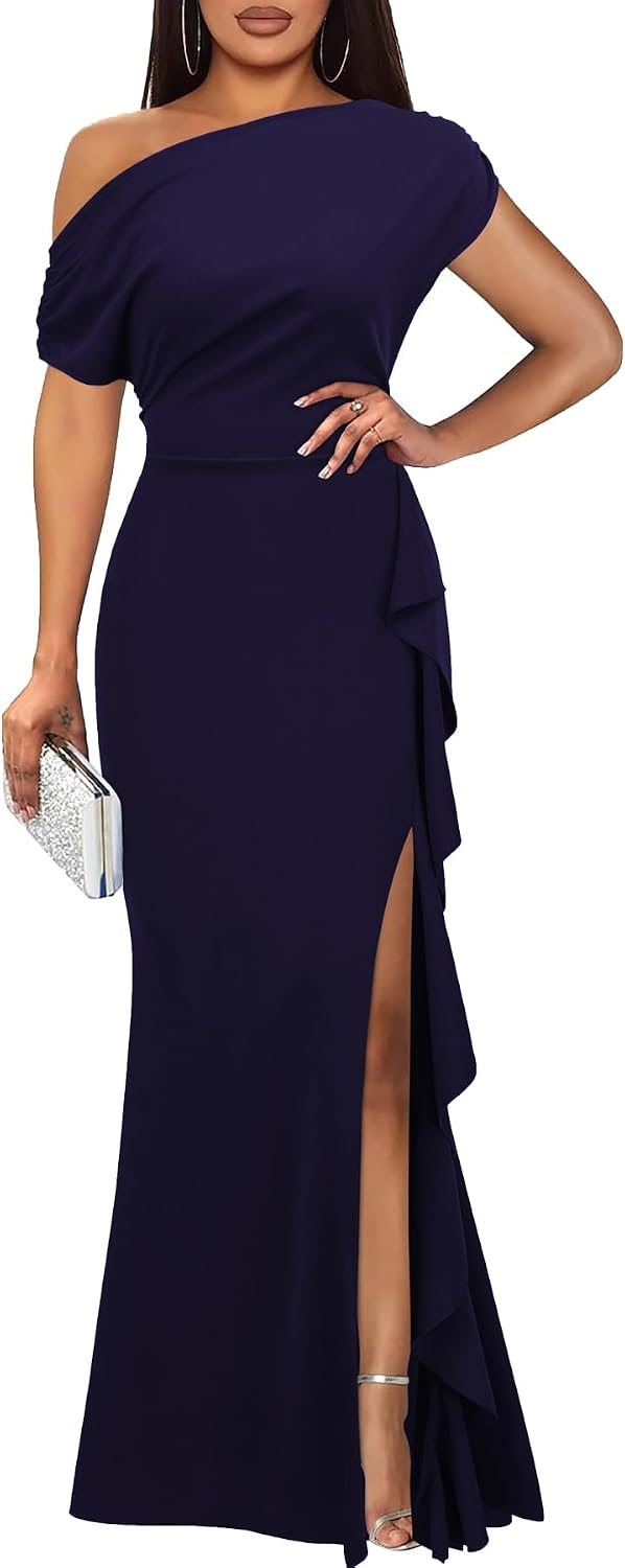 WOOSEA Women's Elegant Sleeveless Off Shoulder Sexy Ruffle Split Style Evening Formal Party Maxi Dress