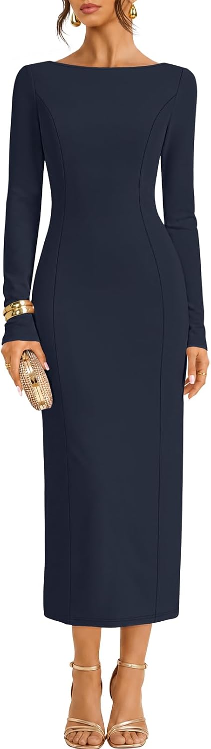 MEROKEETY Womens Fall 2026 Long Sleeve Wedding Guest Formal Maxi Dress | Modest Work Business Casual Church, Dressy Elegant Cocktail Party Long Dress, Boat Neck, Bodycon, Slim Fit, Trendy Fashion