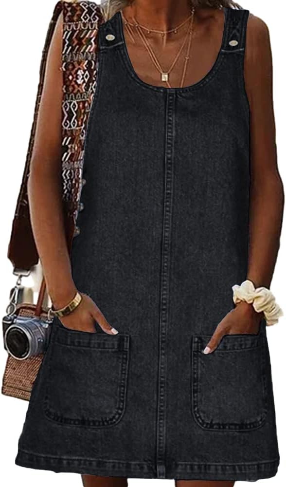 BZB Women's Sleeveless Casual Denim Dress Western Jean Overall Dress | Crewneck, Vintage, Loose, Mini Jean Dress with Pockets , Western Cowgirl Outfits
