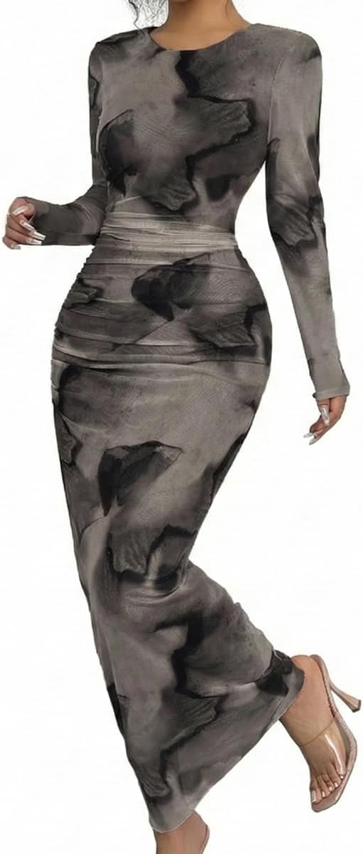 Narecte Fall Dresses for Women Long Sleeve Bodycon Mesh Maxi Dress | Tie Dye Printed Sheer Mesh Long Dress with Crew Neck, Casual Elegant Ruched Bodycon Formal Party Cocktail Dress