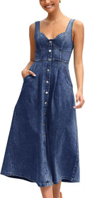 ebossy Stretchy Smocked Denim Dress for Women Sleeveless Babydoll Button Down Midi Long Jean Dresses