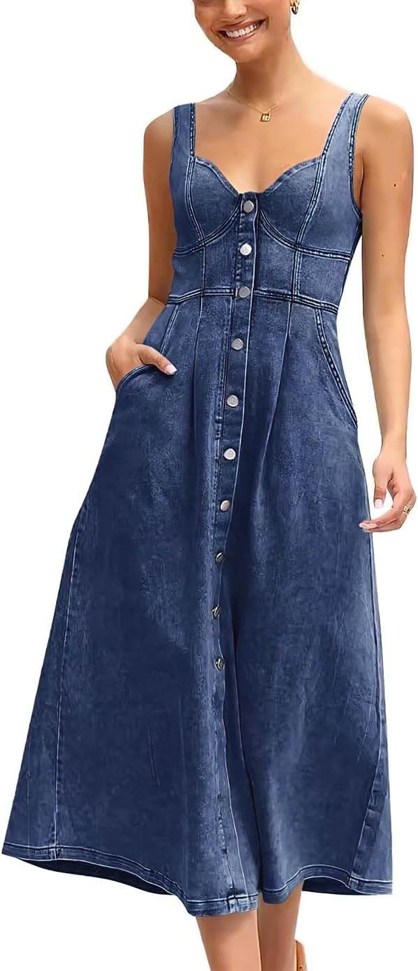 ebossy Stretchy Smocked Denim Dress for Women Sleeveless Babydoll Button Down Midi Long Jean Dresses