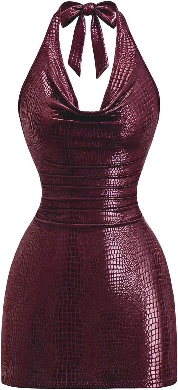 Milumia Women Sexy PU Leather Bodycon Halter Mini Dress Cowl Neck Club Rave | Party Dresses, Going Out, Concert Outfit, Clubbing, Night Out, Open Back, Backless, Rock, Y2k, Draped