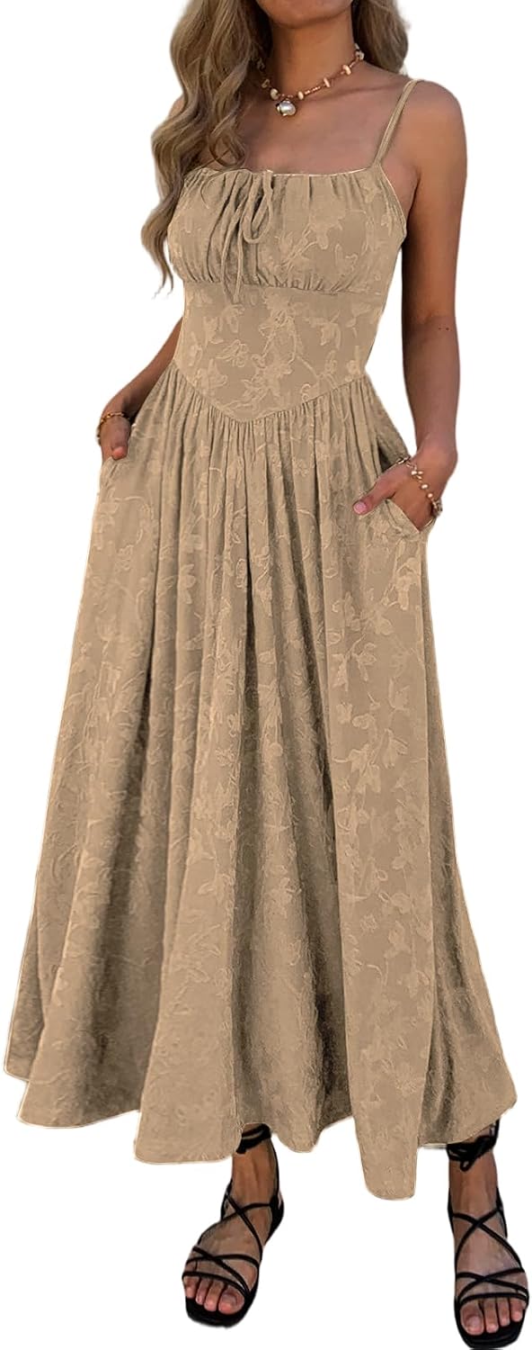 Mieazom Women\u2019s Floral Maxi Dress Spaghetti Strap Sleeveless Summer Dress Tie Front A Line Casual Long Dress with Pockets