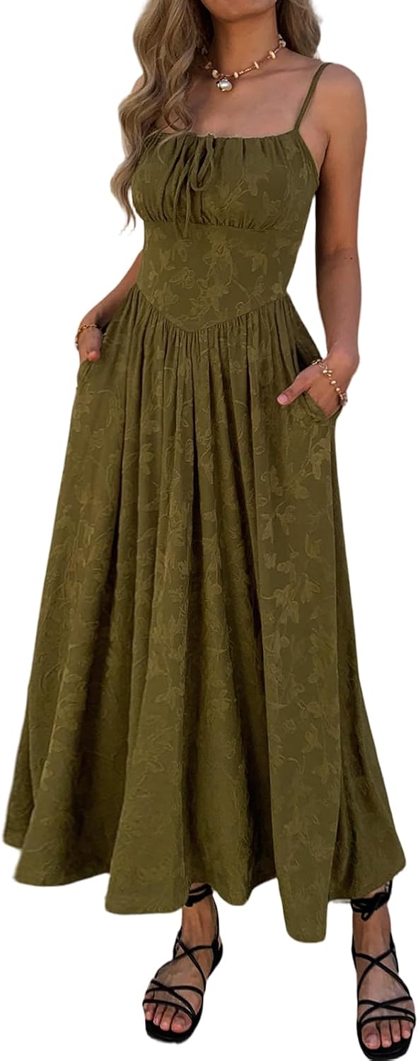 Mieazom Women\u2019s Floral Maxi Dress Spaghetti Strap Sleeveless Summer Dress Tie Front A Line Casual Long Dress with Pockets
