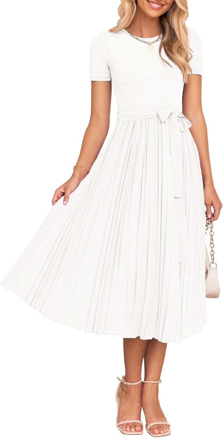 ZESICA Women's 2026 Summer Short Sleeve Knit Midi Dresses | Crewneck, Belted, Pleated, Flowy, Wedding Guest Long Dress, Elegant Formal Sweater Dress, Night Out Dresses, Party Dress