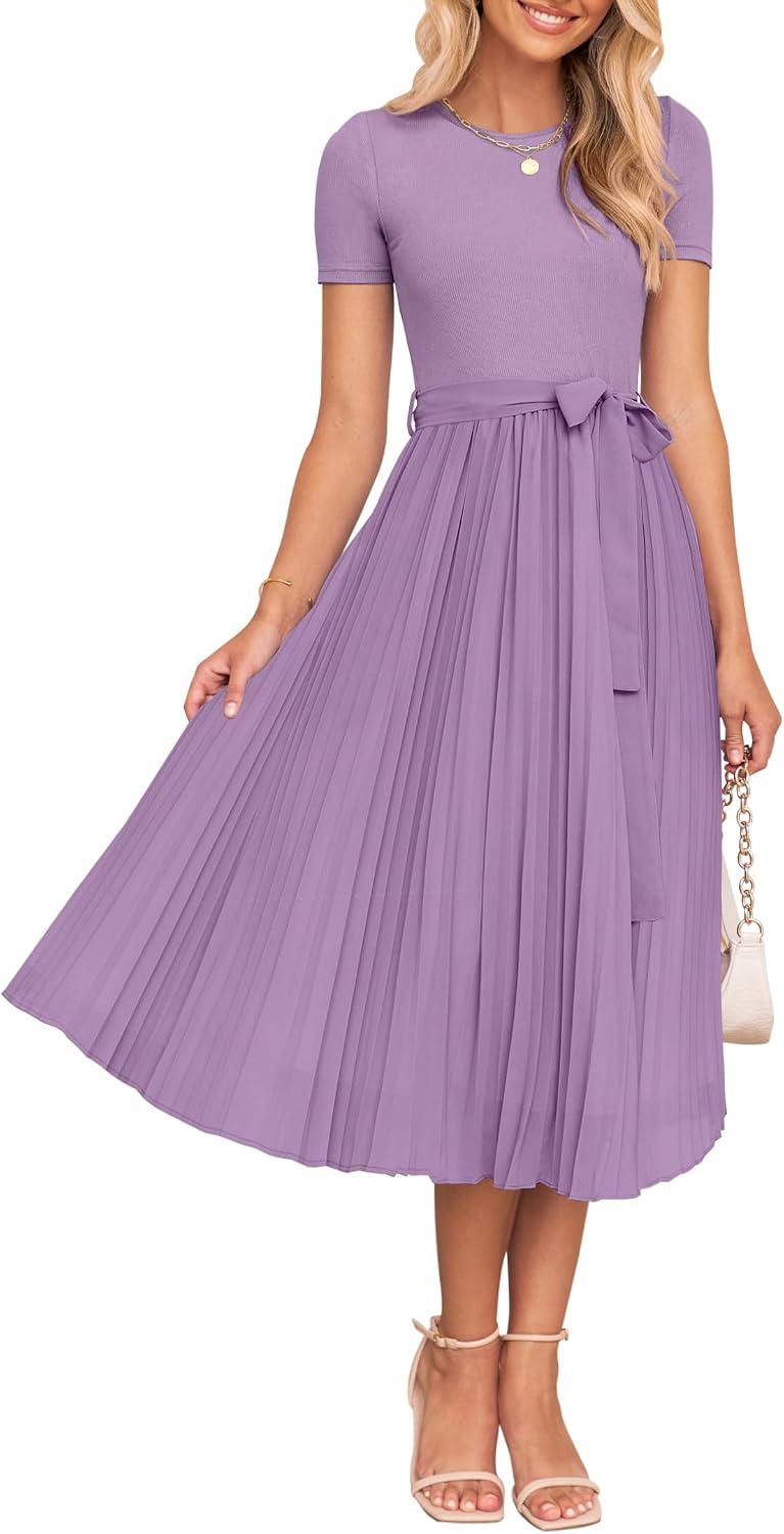 ZESICA Women's 2026 Summer Short Sleeve Knit Midi Dresses | Crewneck, Belted, Pleated, Flowy, Wedding Guest Long Dress, Elegant Formal Sweater Dress, Night Out Dresses, Party Dress