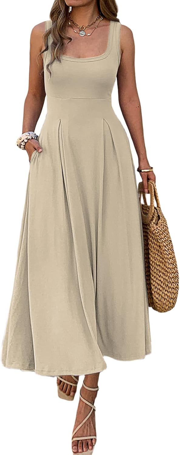 Mieazom Women's Summer Sleeveless Empire Maxi Dress Square Neck A-Line Pleated Flowy Elegant Casual Dresses with Pockets