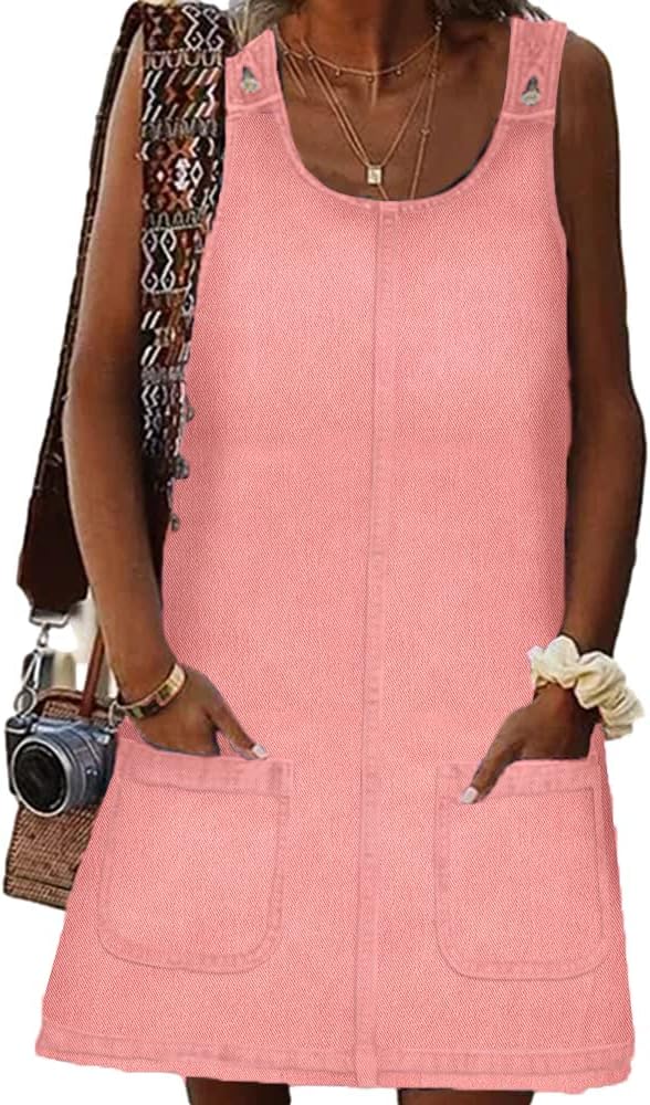 BZB Women's Sleeveless Casual Denim Dress Western Jean Overall Dress | Crewneck, Vintage, Loose, Mini Jean Dress with Pockets , Western Cowgirl Outfits