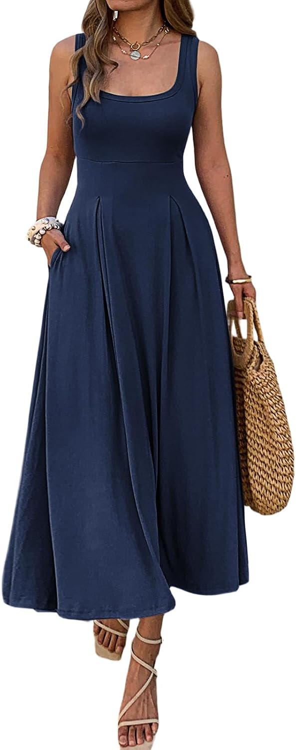 Mieazom Women's Summer Sleeveless Empire Maxi Dress Square Neck A-Line Pleated Flowy Elegant Casual Dresses with Pockets