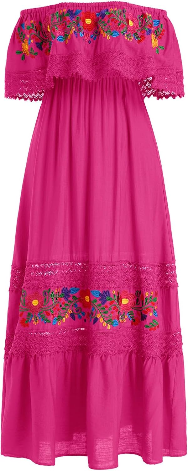 ABEHIK Mexican Dress for Women Traditional Off Shoulder Embroidered Present Casual Lace Long Maxi Dress Cinco de Mayo Outfit