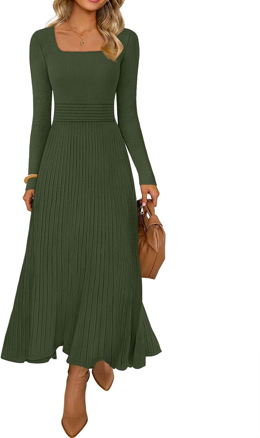 MEROKEETY Women's Sweater Dress Fall Winter Church Midi Dresses | Ribbed Knit, Long Sleeve, Square Neck, Fit and Flare, Pleated, High Waist, Elegant, Wedding Guest, Cocktail Party, Long Dress