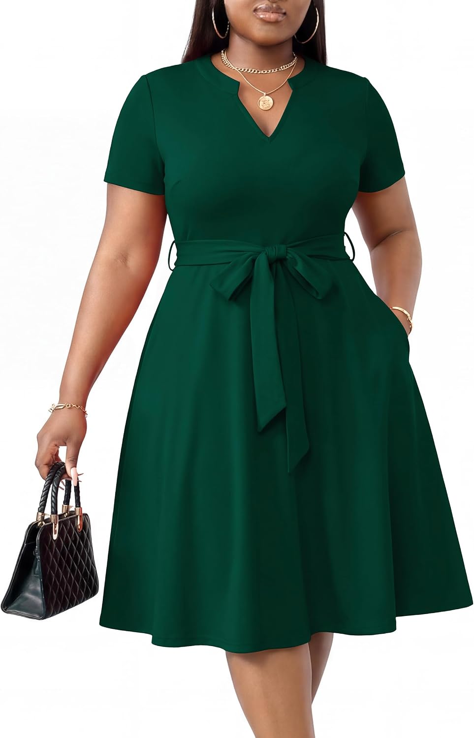 CLOCOR Plus Size Midi Dresses for Curvy Women A-Line Casual Church Dress | Short sleeve, notch v neck, high waist with belt & pockets, elegant style for cocktail party gradution wedding guest