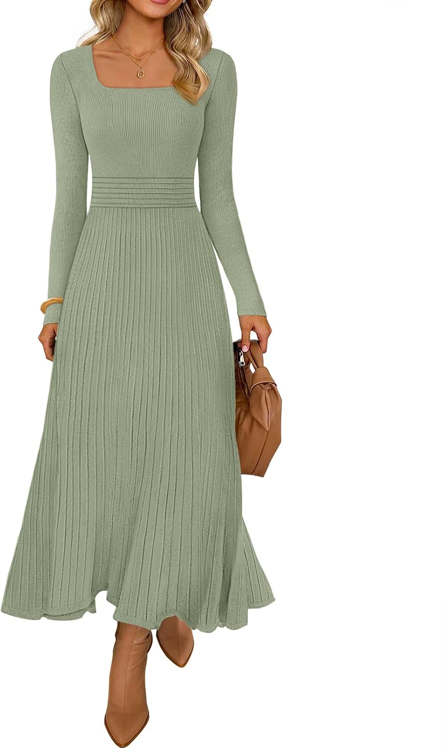 MEROKEETY Women's Sweater Dress Fall Winter Church Midi Dresses | Ribbed Knit, Long Sleeve, Square Neck, Fit and Flare, Pleated, High Waist, Elegant, Wedding Guest, Cocktail Party, Long Dress