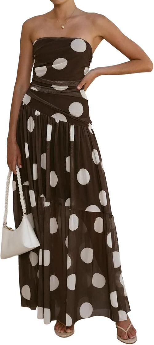 ABYOVRT Women Tube Top Dress Polka Dot Mesh Maxi Dress Strapless Flowy Long Dresses Beach Vacation Wedding Guest
