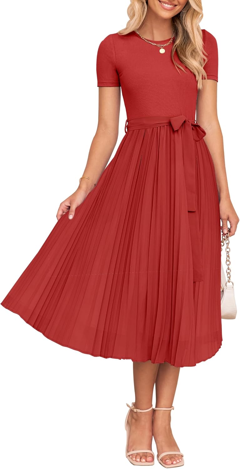 ZESICA Women's 2026 Summer Short Sleeve Knit Midi Dresses | Crewneck, Belted, Pleated, Flowy, Wedding Guest Long Dress, Elegant Formal Sweater Dress, Night Out Dresses, Party Dress