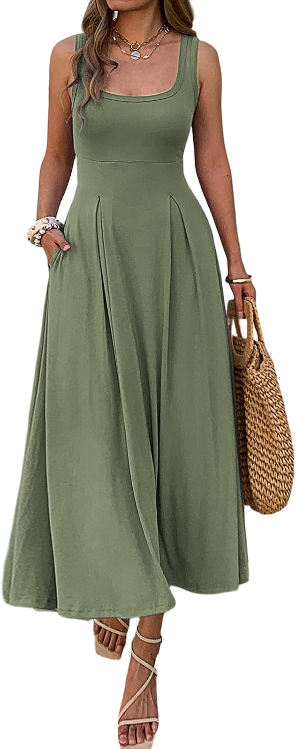 Mieazom Women's Summer Sleeveless Empire Maxi Dress Square Neck A-Line Pleated Flowy Elegant Casual Dresses with Pockets