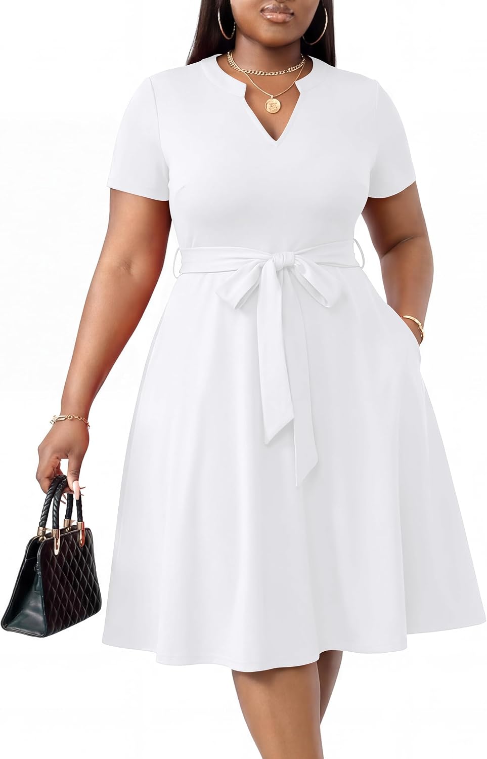 CLOCOR Plus Size Midi Dresses for Curvy Women A-Line Casual Church Dress | Short sleeve, notch v neck, high waist with belt & pockets, elegant style for cocktail party gradution wedding guest