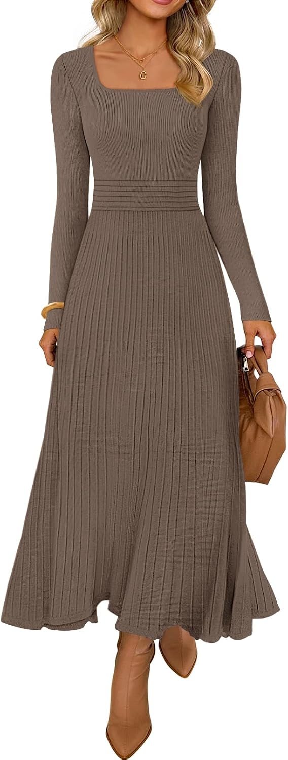 MEROKEETY Women's Sweater Dress Fall Winter Church Midi Dresses | Ribbed Knit, Long Sleeve, Square Neck, Fit and Flare, Pleated, High Waist, Elegant, Wedding Guest, Cocktail Party, Long Dress
