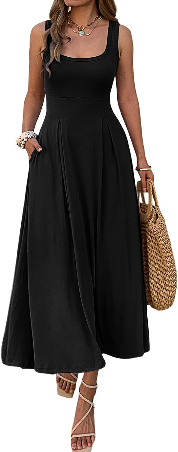 Mieazom Women's Summer Sleeveless Empire Maxi Dress Square Neck A-Line Pleated Flowy Elegant Casual Dresses with Pockets