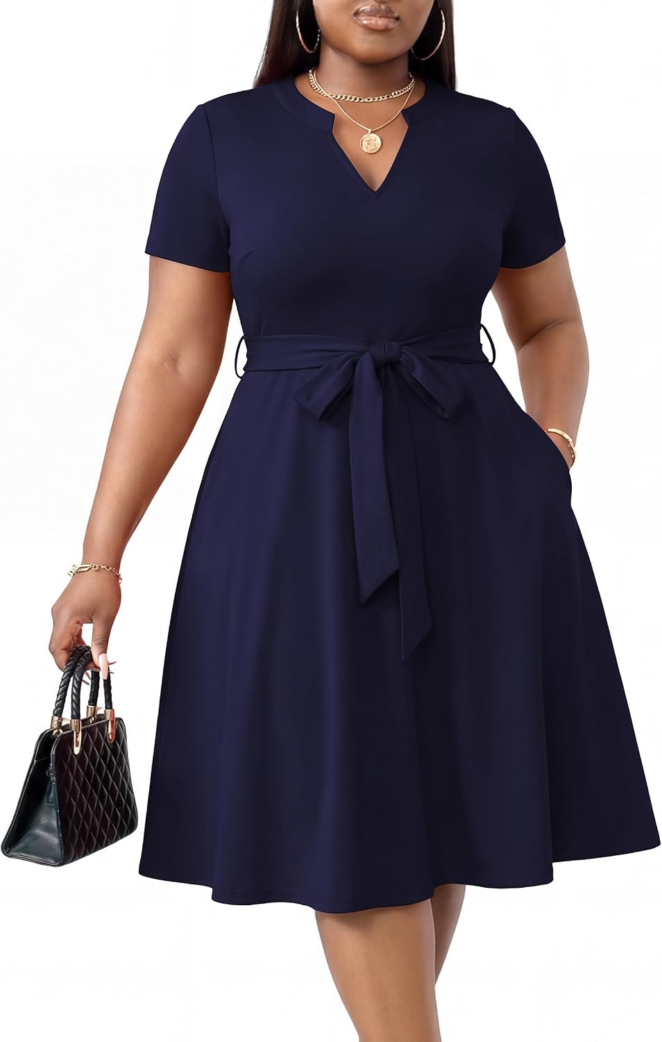 CLOCOR Plus Size Midi Dresses for Curvy Women A-Line Casual Church Dress | Short sleeve, notch v neck, high waist with belt & pockets, elegant style for cocktail party gradution wedding guest
