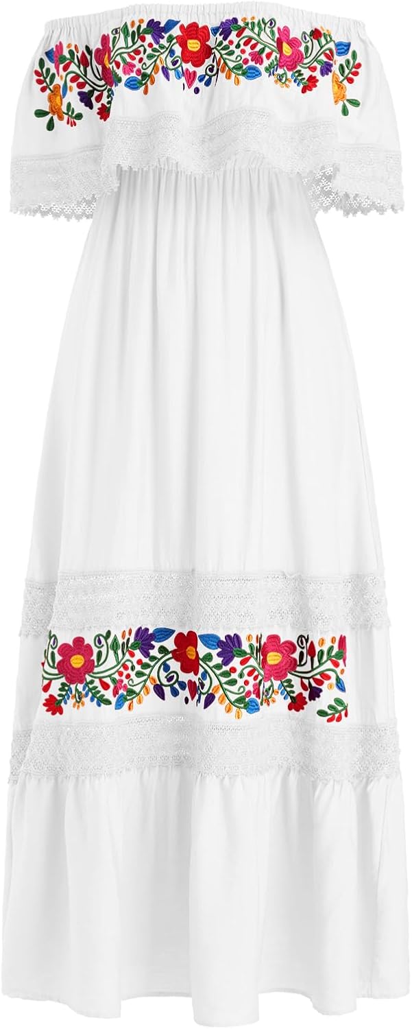 ABEHIK Mexican Dress for Women Traditional Off Shoulder Embroidered Present Casual Lace Long Maxi Dress Cinco de Mayo Outfit