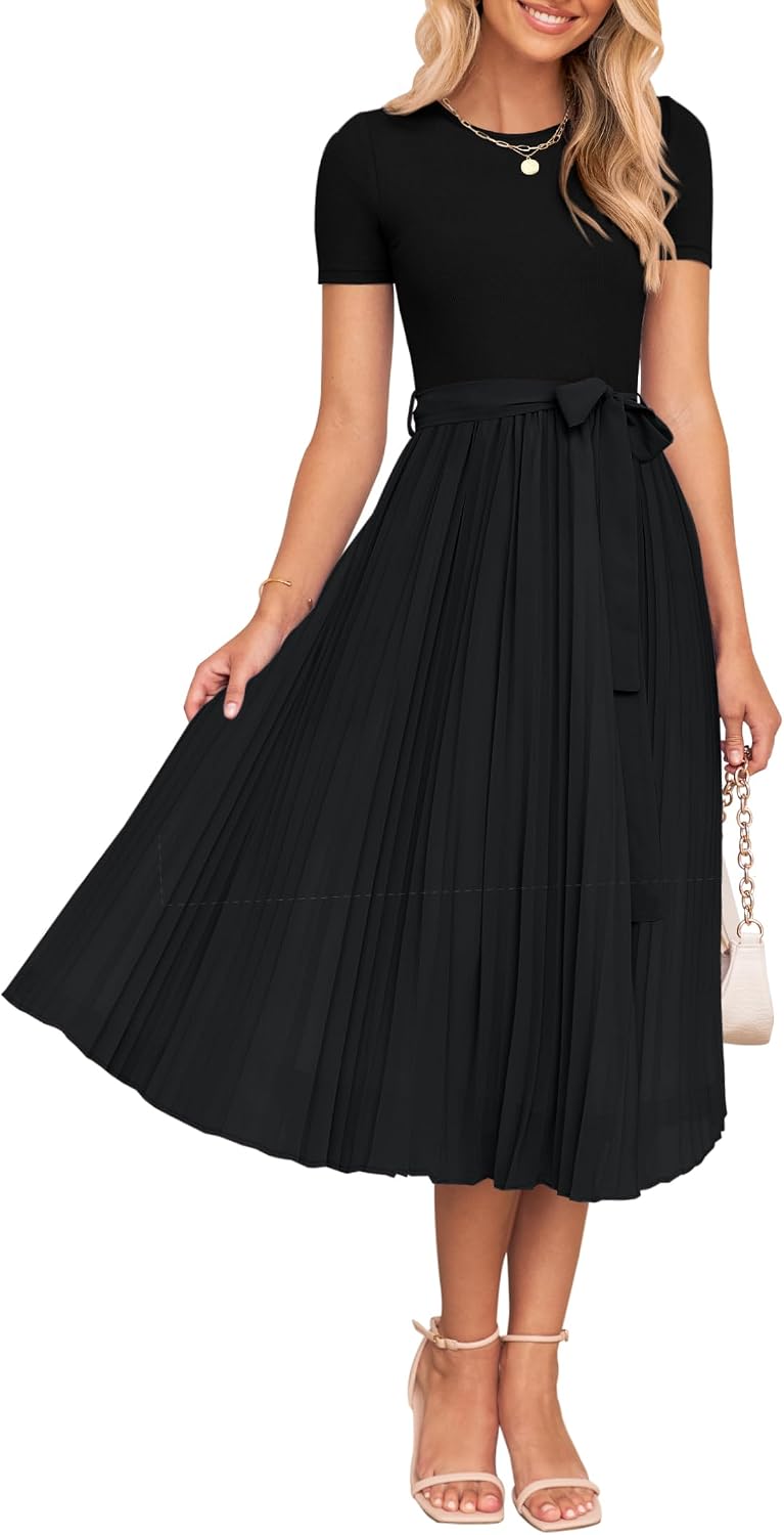 ZESICA Women's 2026 Summer Short Sleeve Knit Midi Dresses | Crewneck, Belted, Pleated, Flowy, Wedding Guest Long Dress, Elegant Formal Sweater Dress, Night Out Dresses, Party Dress