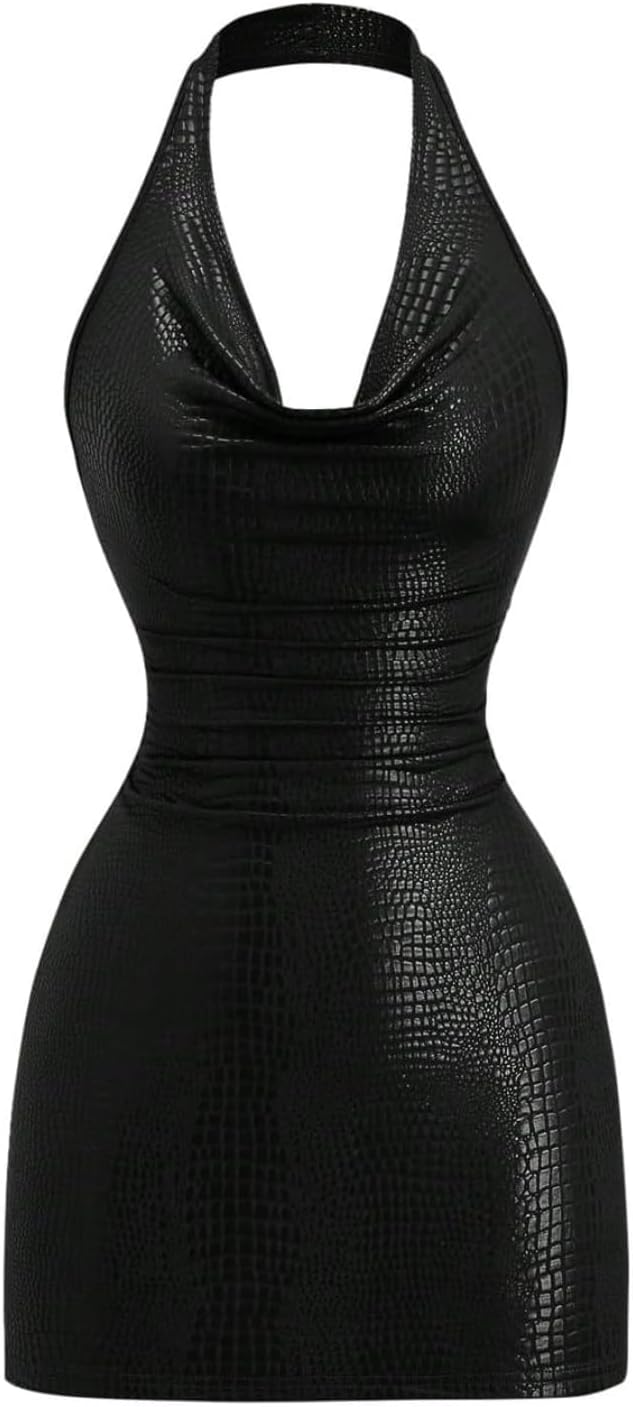 Milumia Women Sexy PU Leather Bodycon Halter Mini Dress Cowl Neck Club Rave | Party Dresses, Going Out, Concert Outfit, Clubbing, Night Out, Open Back, Backless, Rock, Y2k, Draped