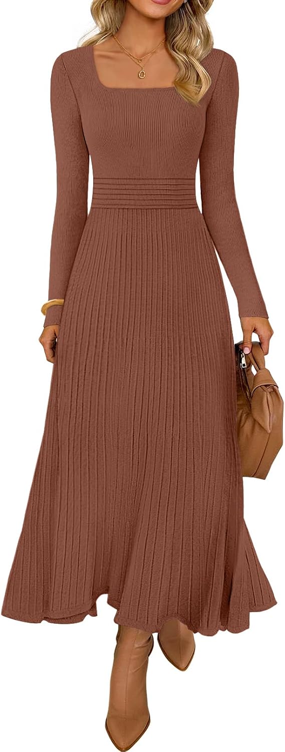 MEROKEETY Women's Sweater Dress Fall Winter Church Midi Dresses | Ribbed Knit, Long Sleeve, Square Neck, Fit and Flare, Pleated, High Waist, Elegant, Wedding Guest, Cocktail Party, Long Dress