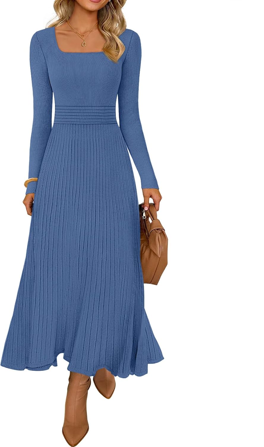 MEROKEETY Women's Sweater Dress Fall Winter Church Midi Dresses | Ribbed Knit, Long Sleeve, Square Neck, Fit and Flare, Pleated, High Waist, Elegant, Wedding Guest, Cocktail Party, Long Dress