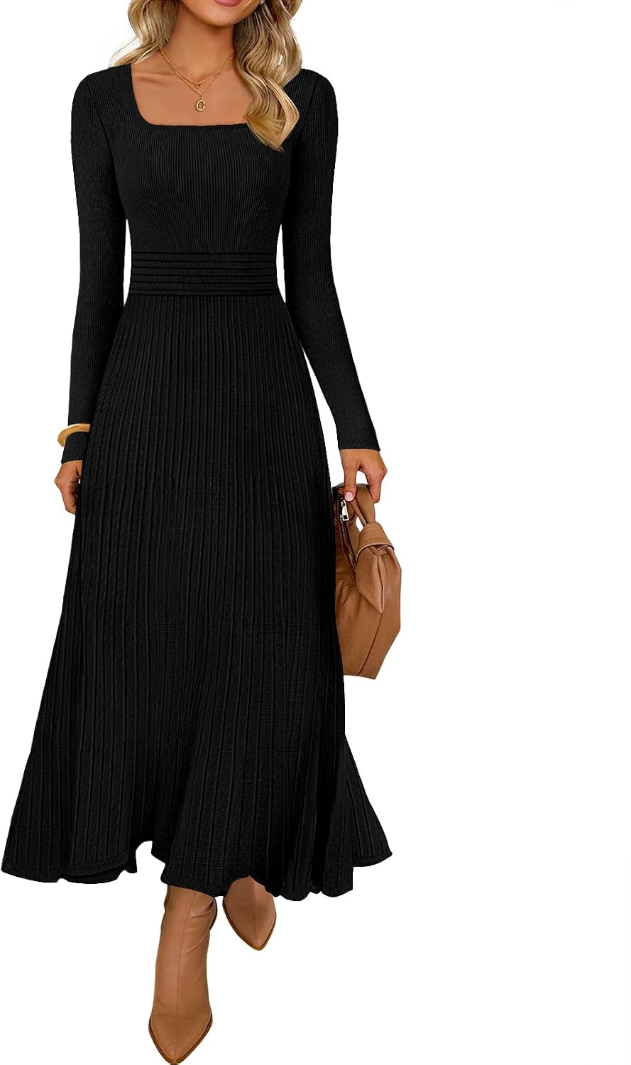 MEROKEETY Women's Sweater Dress Fall Winter Church Midi Dresses | Ribbed Knit, Long Sleeve, Square Neck, Fit and Flare, Pleated, High Waist, Elegant, Wedding Guest, Cocktail Party, Long Dress